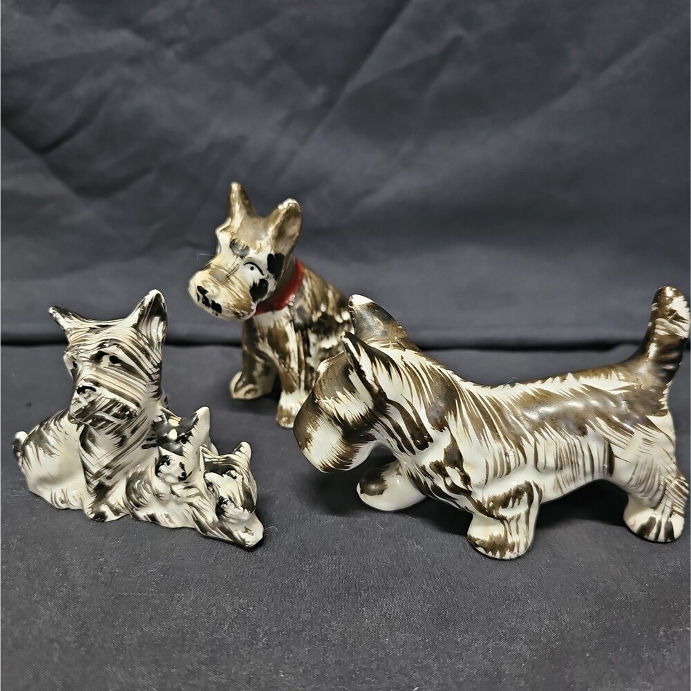 Vintage Black & White Scottie Dog Figurine Set (3) Ceramic Japan